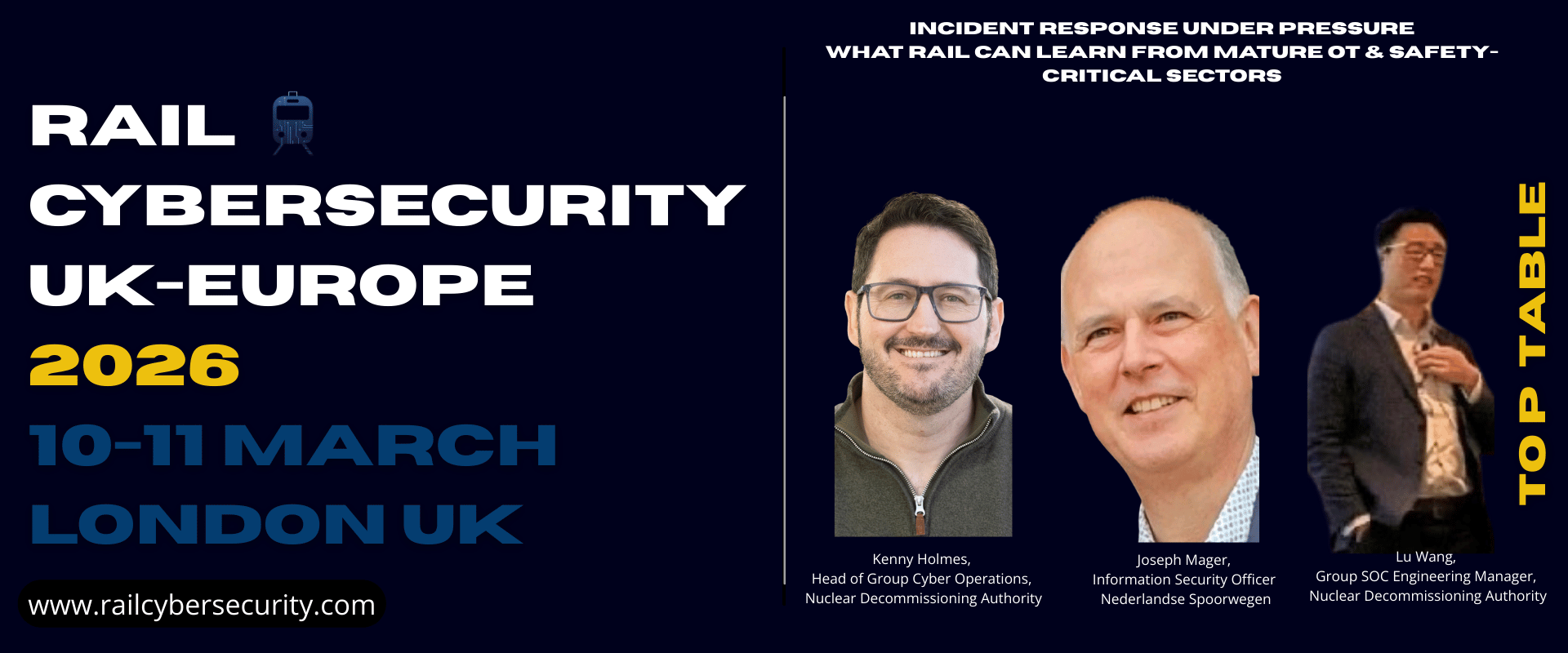 Incident Response, OT Incident Response, Rail Cybersecurity, Operational Technology Security, Safety-Critical Systems, Rail Operations, Cyber Incident Management, OT Security Operations, Crisis Decision-Making, Incident Recovery, Rail Safety Systems, SOC Operations, Cyber Operations, Operational Resilience, Critical Infrastructure Security, Nuclear Industry Lessons, Cross-Sector Learning, Scenario-Based Discussion, Moderated Panel, Rail OT Security