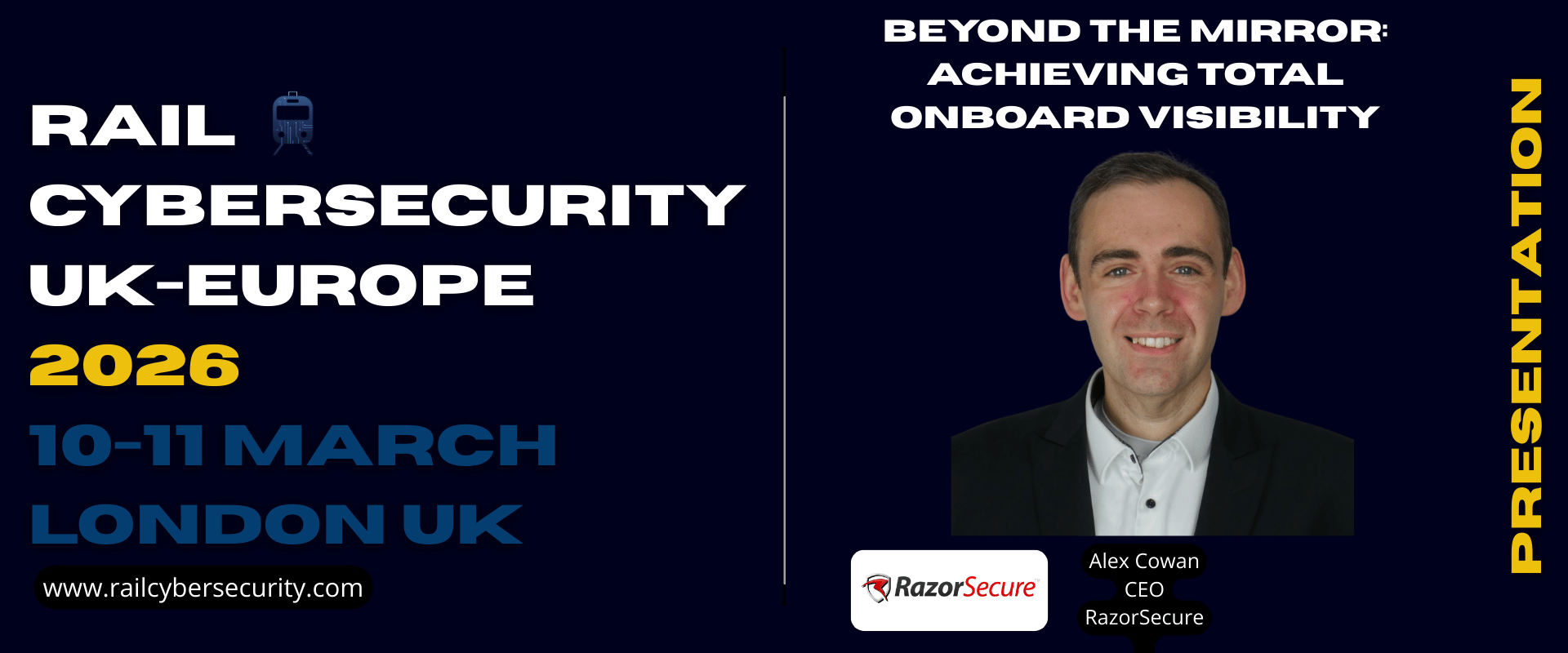 Alex Cowan, CEO of RazorSecure, speaking on holistic rail network monitoring and host-based intrusion detection at the Rail Cybersecurity Summit.